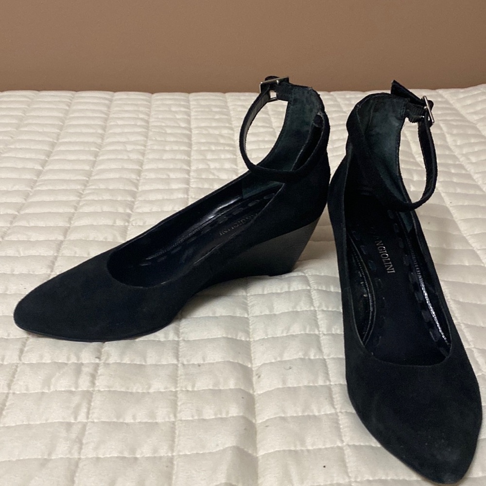 Enzo Angiolini Black suede wedges with ankle strap